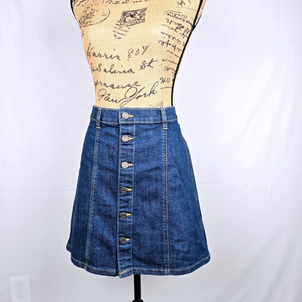 Gap Denim Button Front Mini Skirt Dark Wash A-Line High Waisted Blue Size 10/30 - Picture 2 of 12